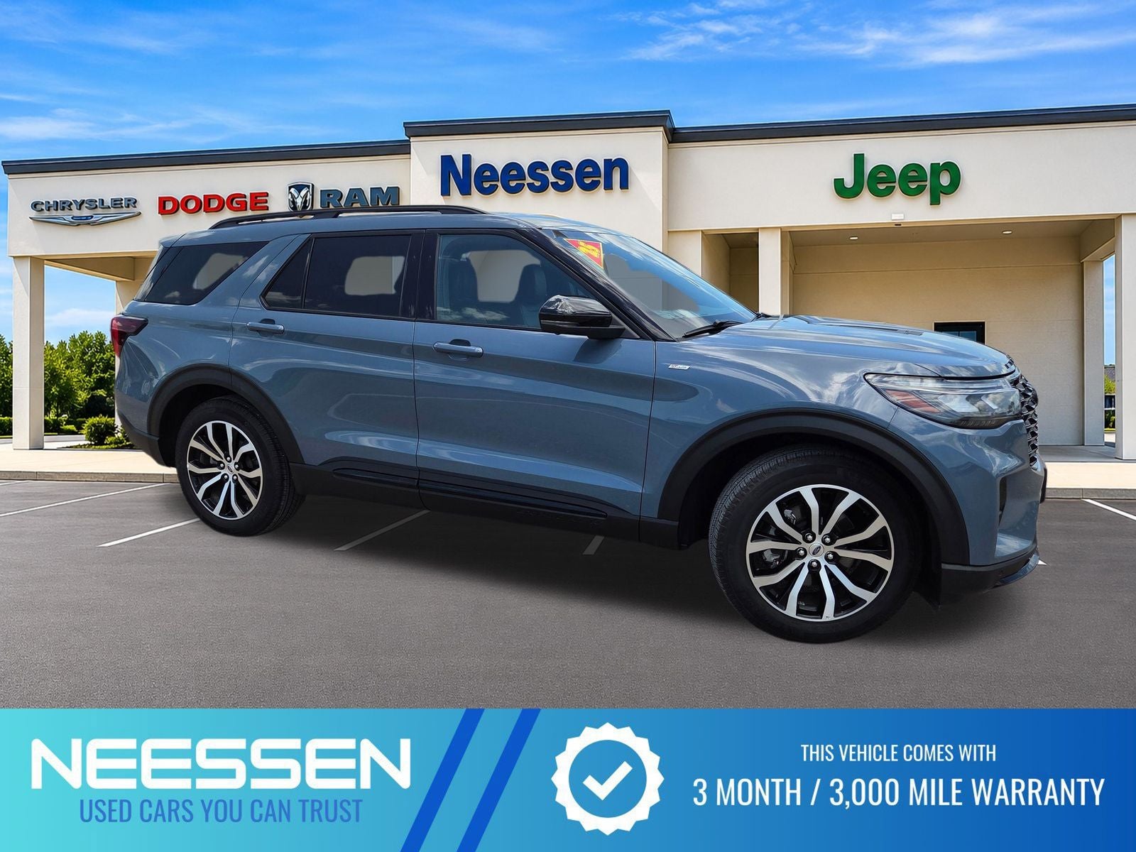 2025 Ford Explorer ST-Line in Vapor Blue — front three-quarter view