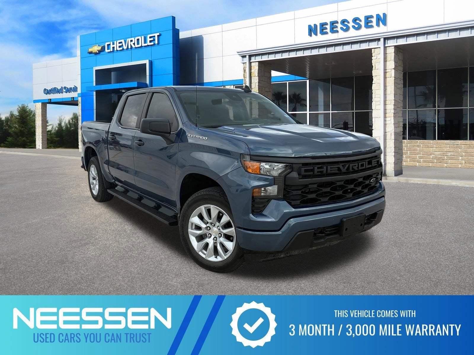 2024 Chevrolet Silverado 1500 Custom in Lakeshore Blue Metallic — front three-quarter view