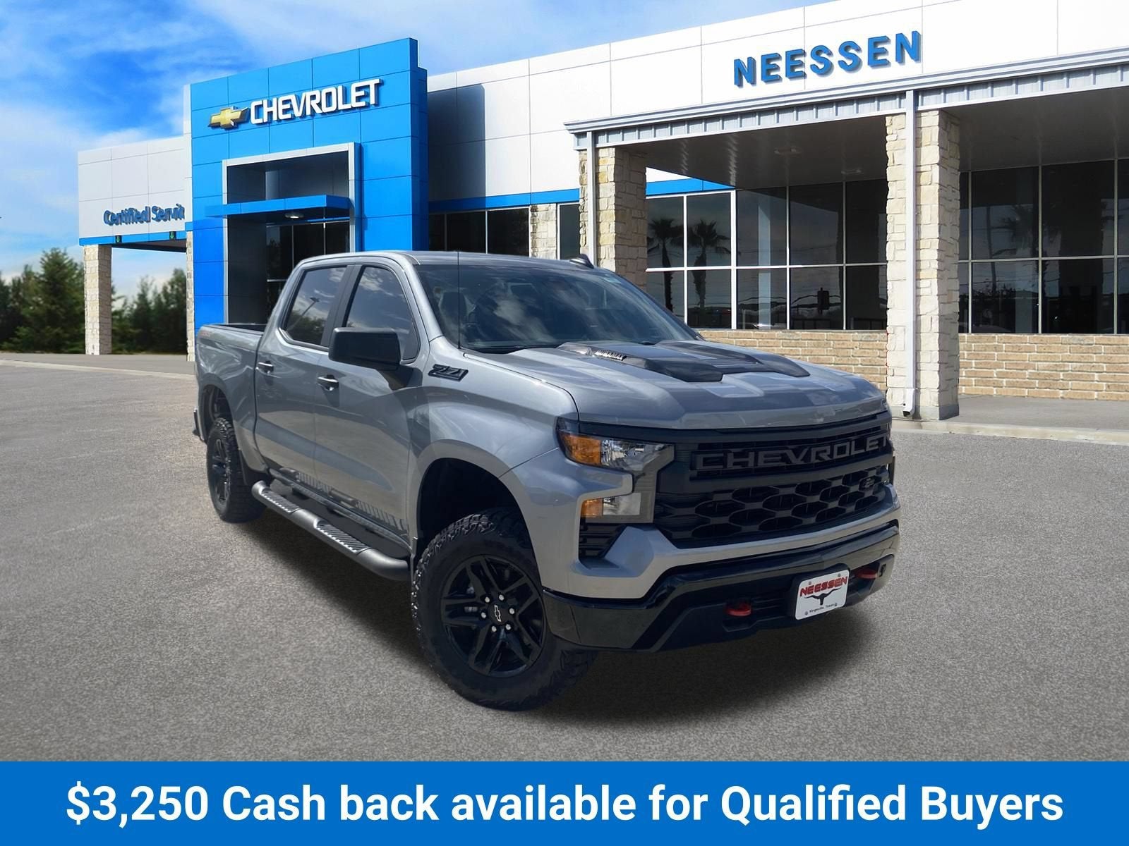 2026 Chevrolet Silverado 1500 Custom Trail Boss in Sterling Gray Metallic — front three-quarter view